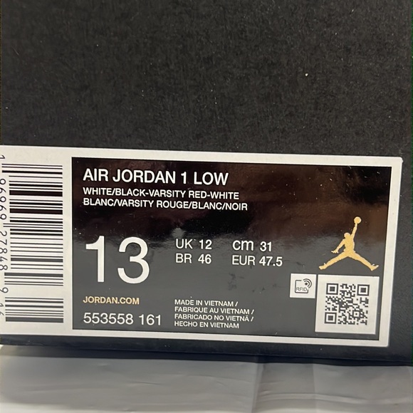 NIB - Men’s Air Jordan 1 Low, White/Black/Varsity Res - Size 13 - Picture 9 of 11